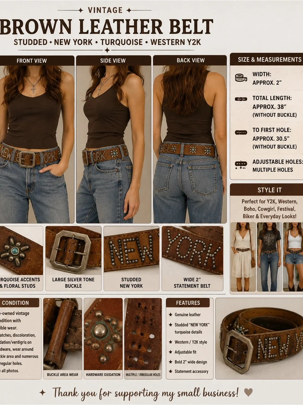 Vintage Brown Leather Belt 2” Studded NEW YORK Turquoise Western Y2K 38”